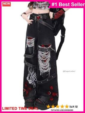 Women's Y2K Gothic Punk High Waist Wide Leg Baggy Distressed Jeans